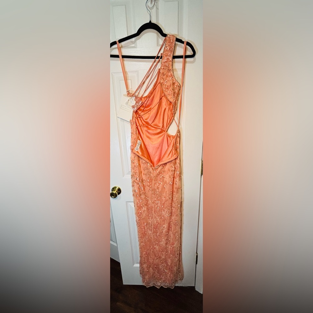 NWT MAC DUGGAL SZ 6 PEACH One Shoulder Embellished Gown #6084 - Picture 6 of 10